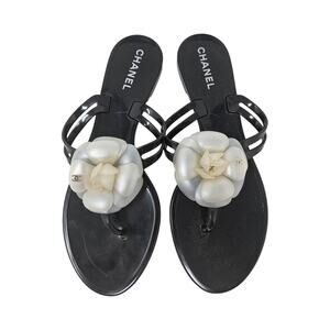 Chanel Black Jelly Camellia Interlocking CC Thong Sandals 39 sz